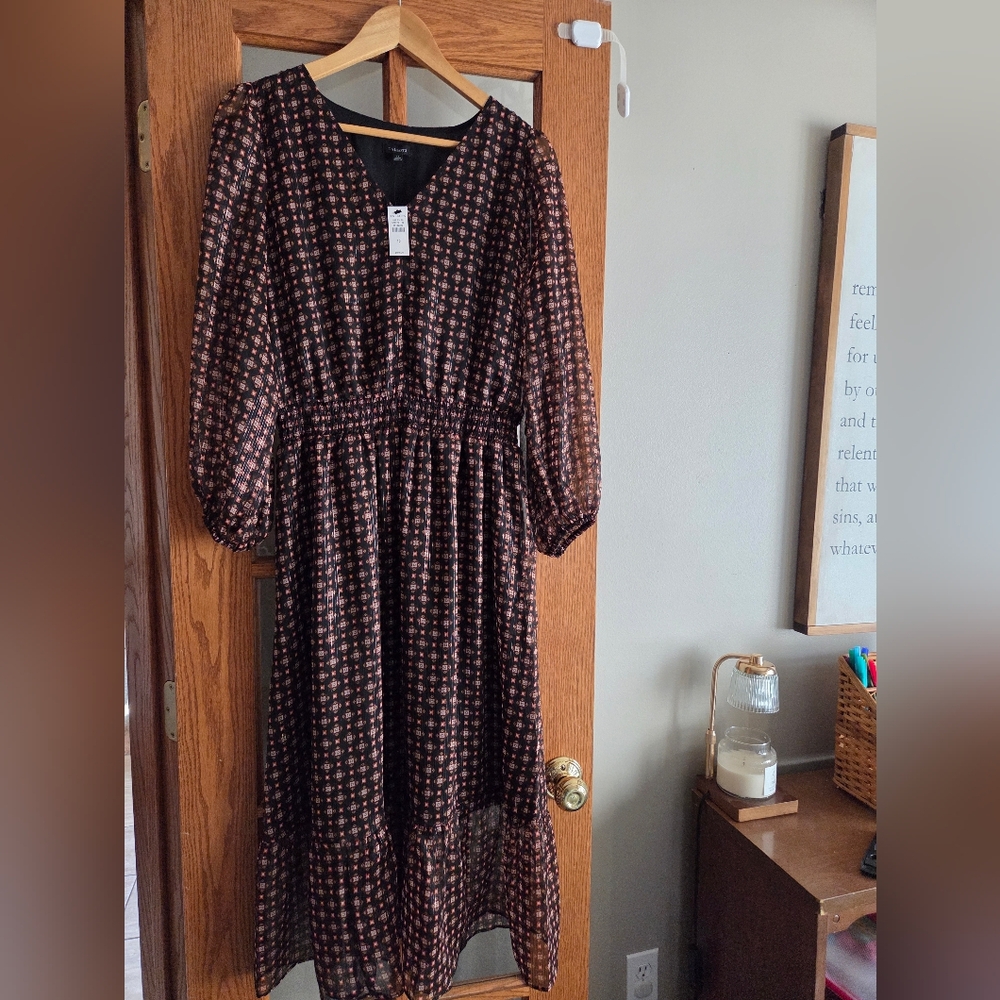 Talbots Black and Brown Patterned Long Sleeve Dress
